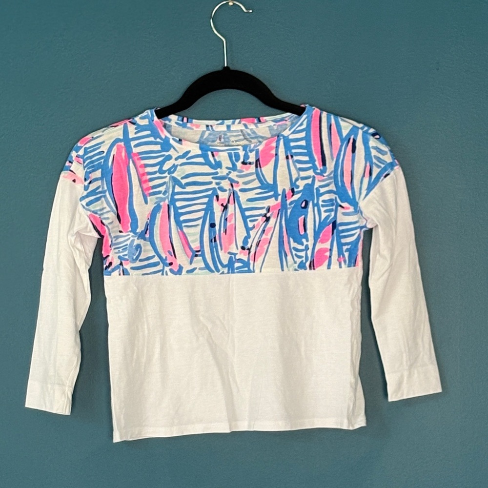 Lilly Pulitzer Kids Long Sleeve Shirt - White with Blue and Pink Sailboat Design